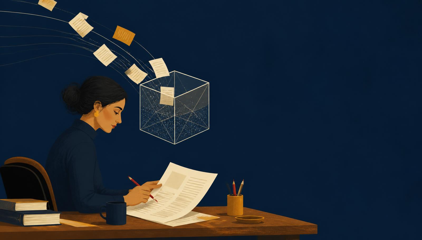 Ilustração de uma editora revisando um artigo impresso enquanto documentos são absorvidos por uma caixa de resposta de IA