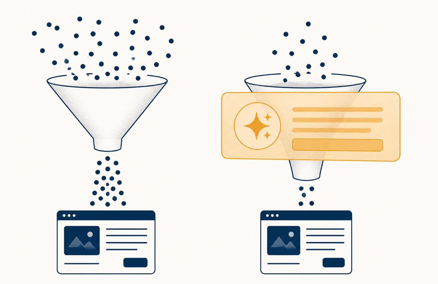 Ilustração comparando dois funis: à esquerda, muitos cliques chegam ao site; à direita, um painel de resposta de IA bloqueia parte do funil e poucos cliques passam