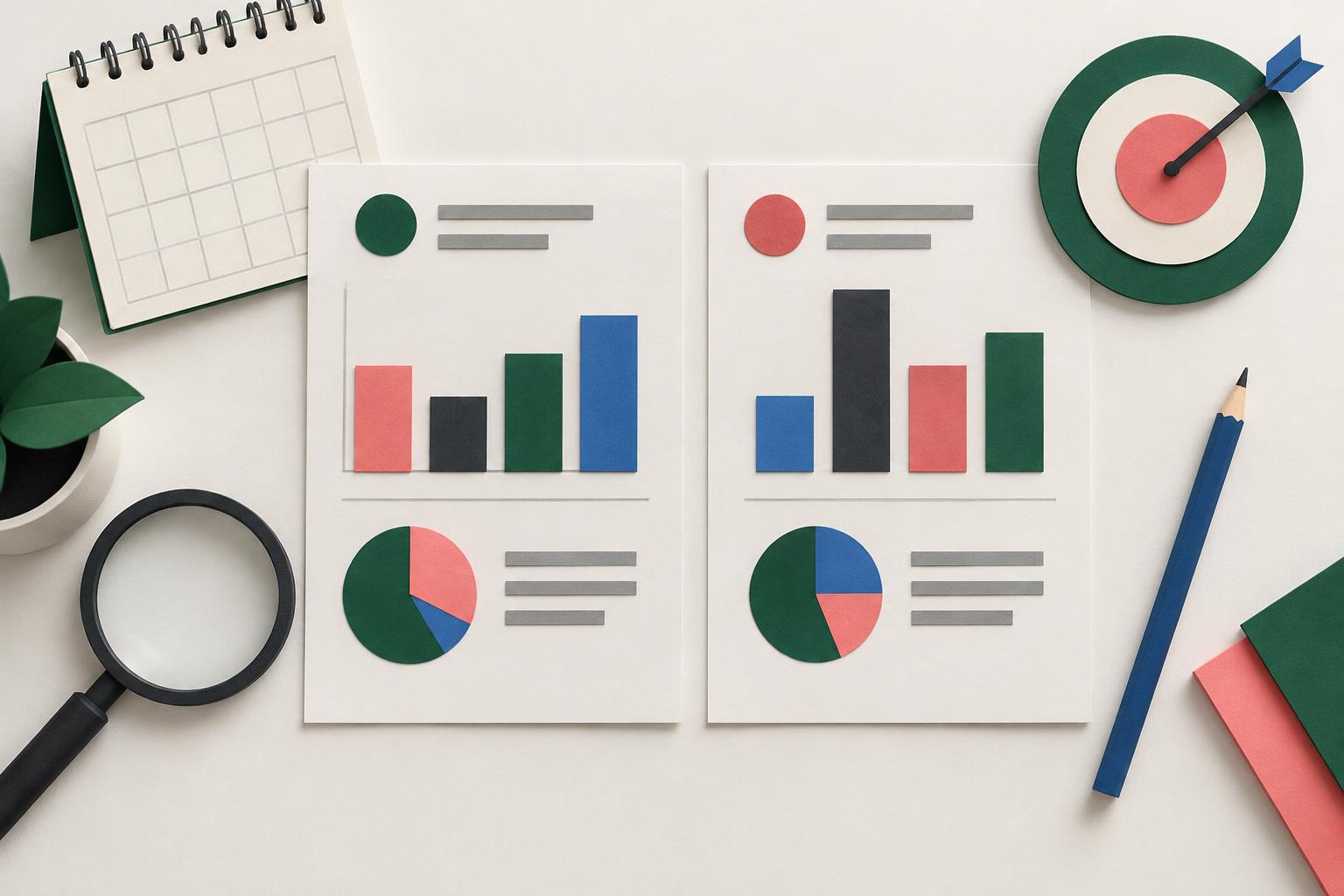 Calendário e dois relatórios lado a lado para comparar resultados antes e depois de uma revisão.