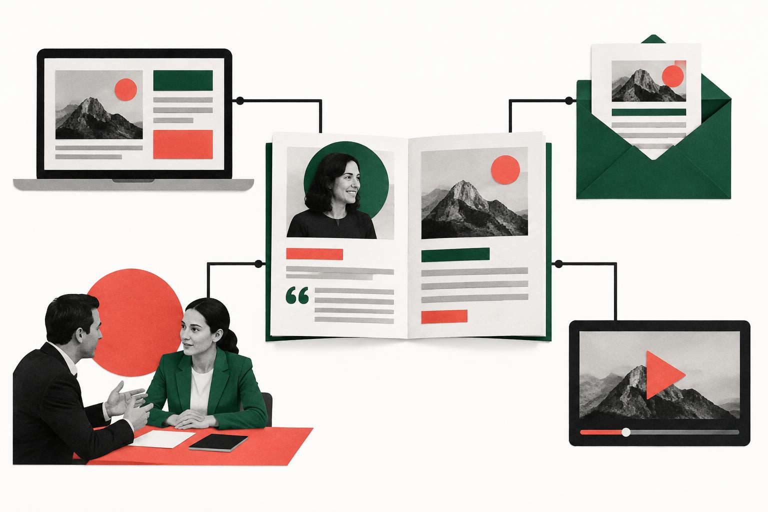 História de cliente conectada a artigo, e-mail, reunião comercial e vídeo