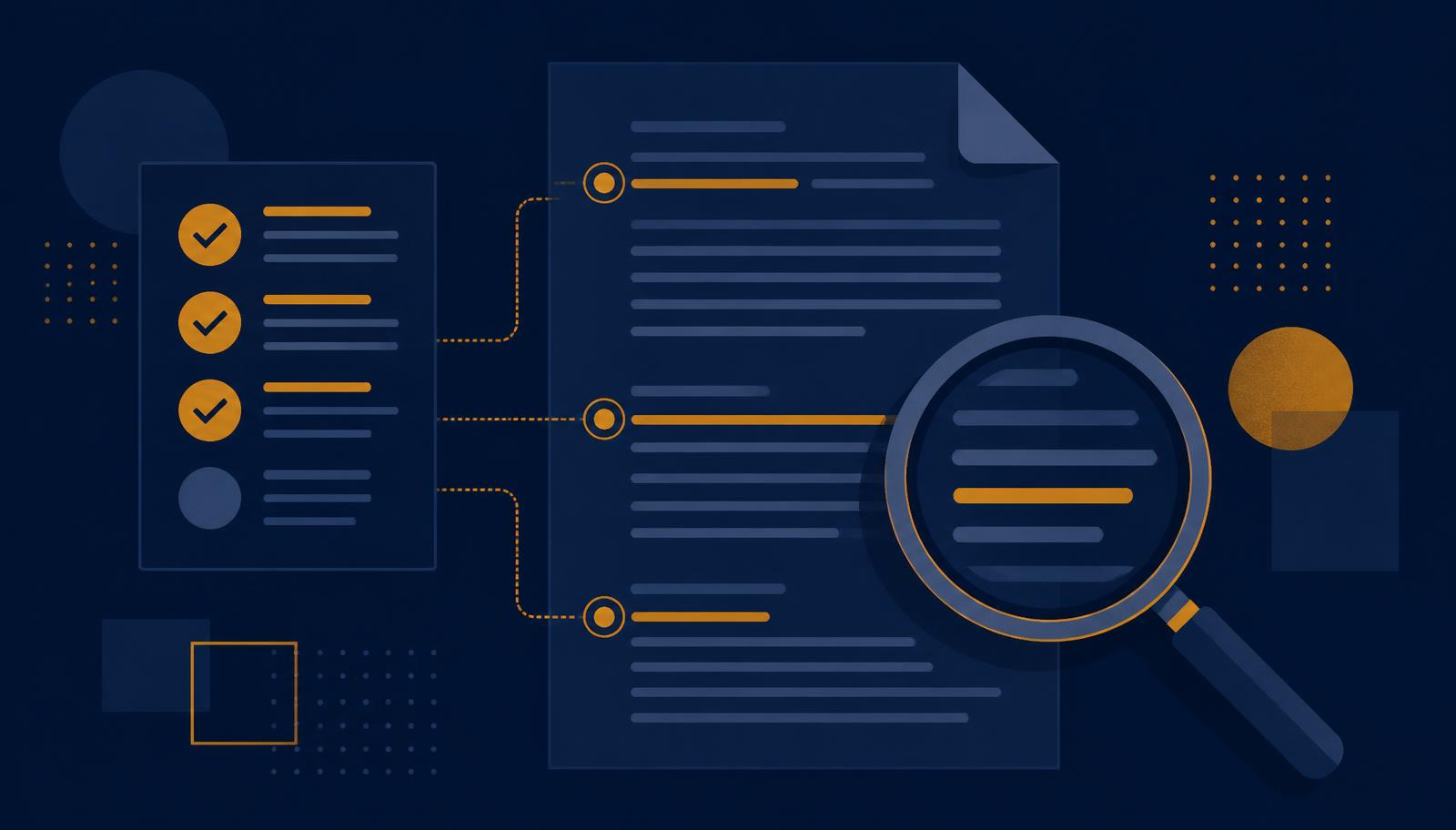 Checklist e lupa revisando um texto, com marcações nas ligações entre parágrafos