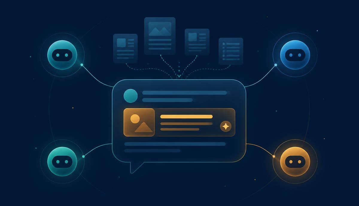 Ilustração de uma resposta de IA citando conteúdo de marca, conectada a quatro assistentes de inteligência artificial
