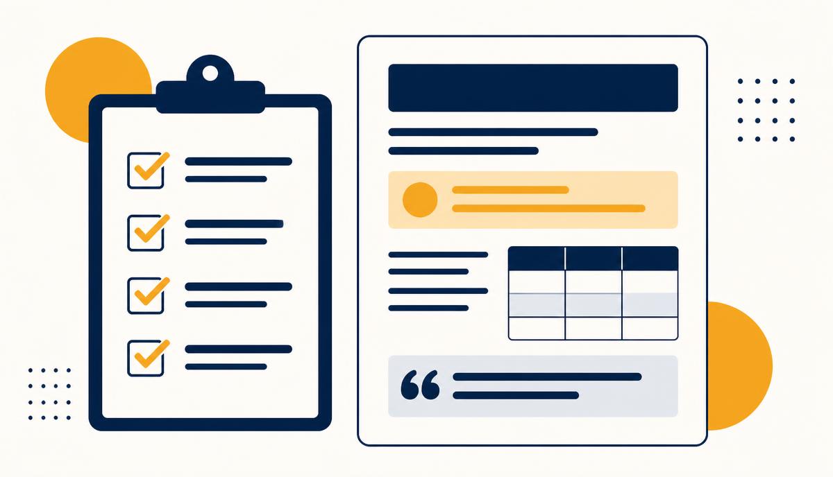 Checklist de otimização para IA ao lado de um layout de artigo com resumo em destaque, tabela e citação