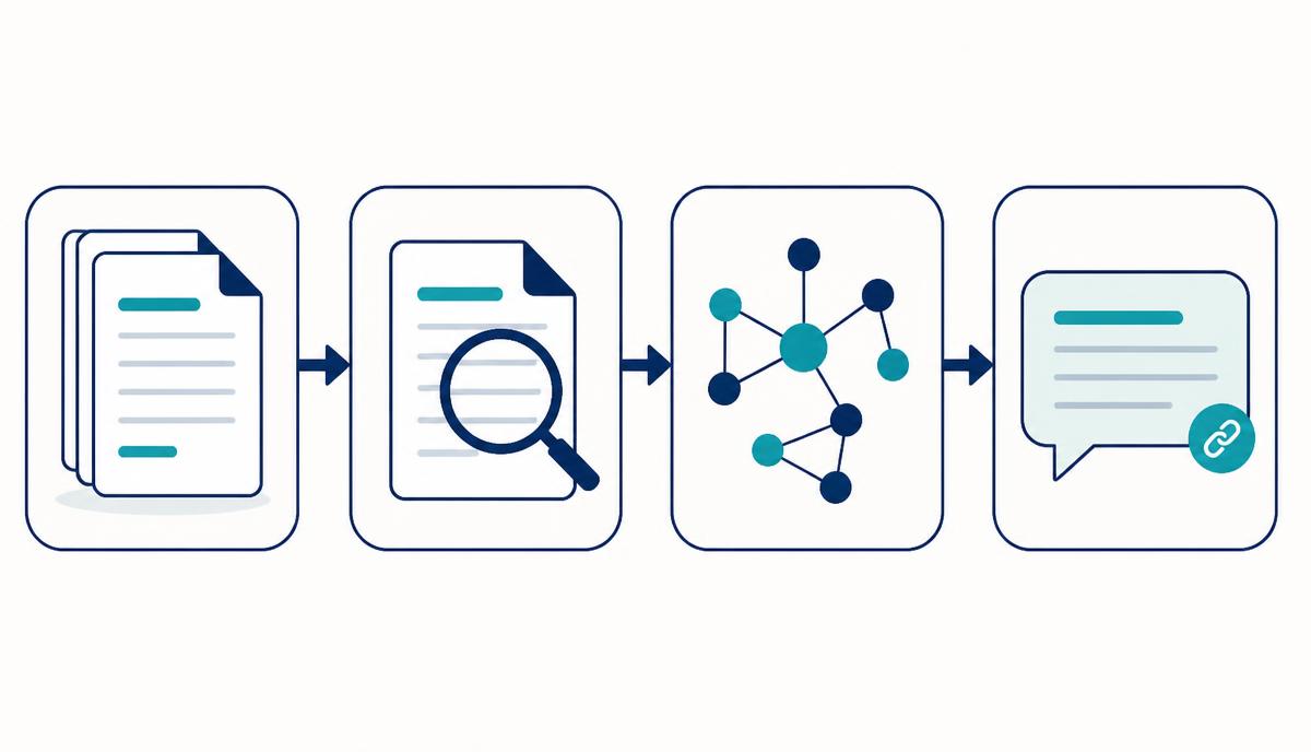 Diagrama do caminho do conteúdo até virar citação em uma resposta de IA: publicação, rastreamento, recuperação e resposta com link