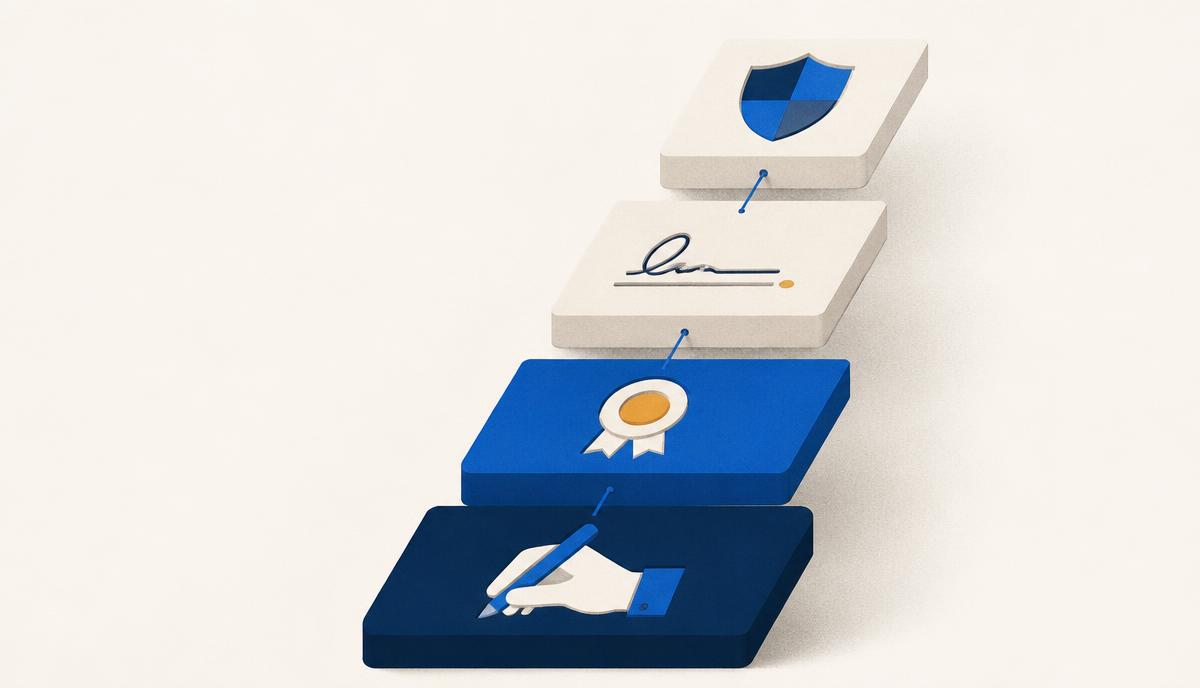 Ilustração das quatro camadas do E-E-A-T empilhadas: experiência, especialização, autoridade e confiança