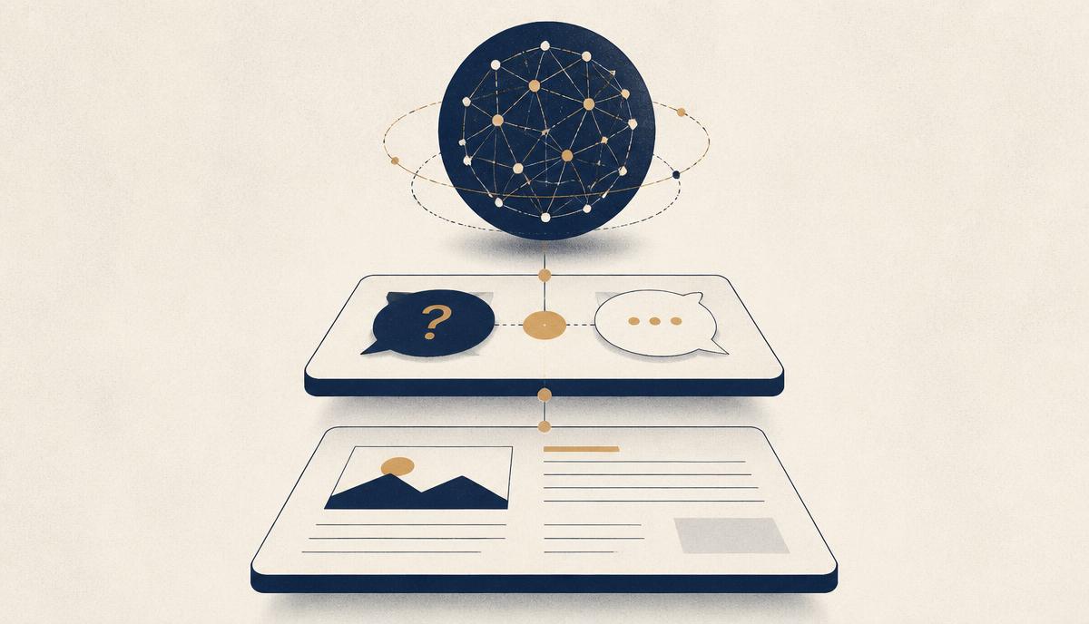 Diagrama em três camadas: conteúdo na base, bloco de pergunta e resposta no meio e modelo de linguagem no topo, conectados por linhas