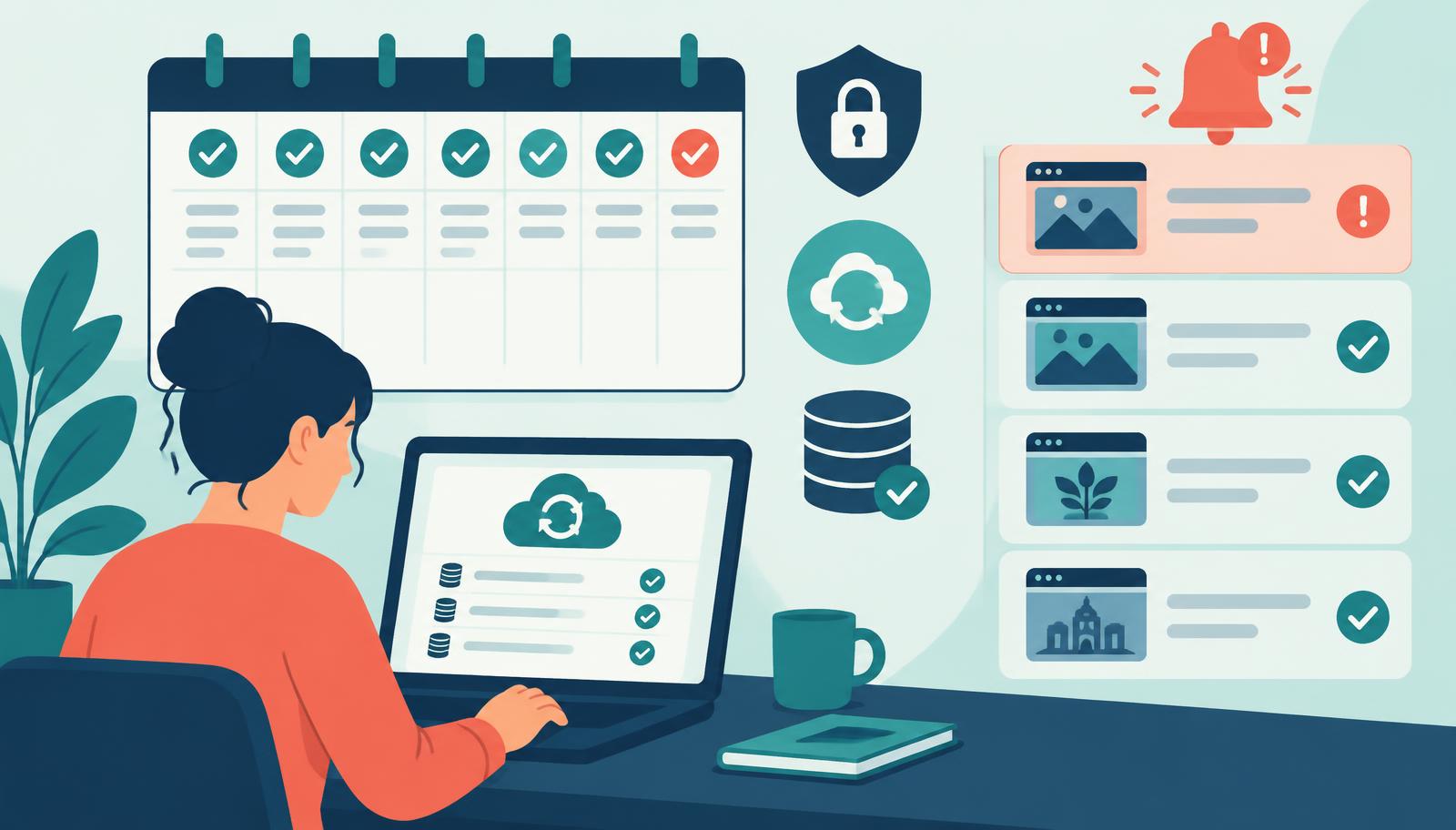 Rotina semanal de segurança com checagem de backups e alerta em um dos sites