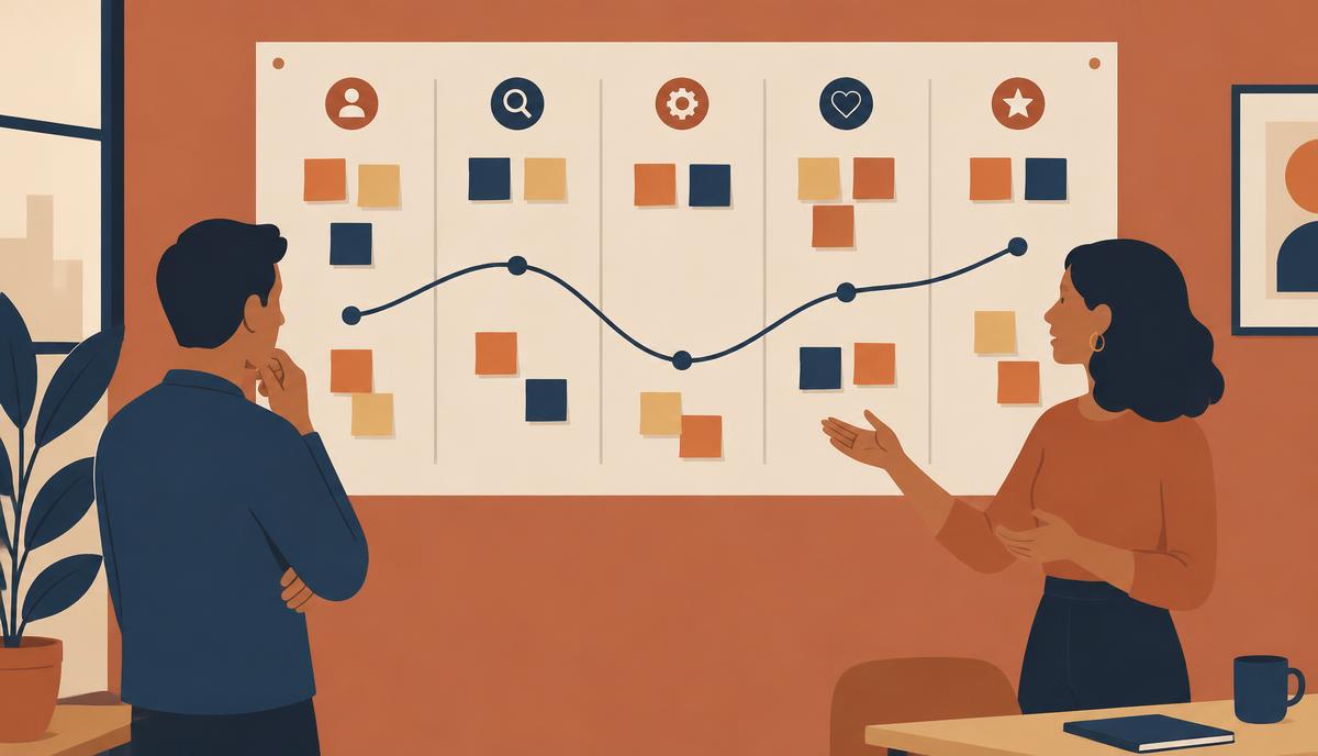 Ilustração de duas pessoas analisando um mapa da jornada do cliente com post-its em cinco colunas e uma curva de emoções