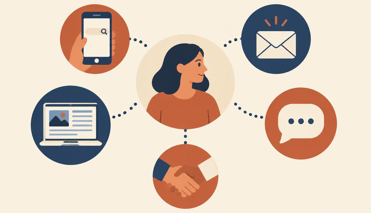 Ilustração de uma pessoa conectada a vários pontos de contato: busca no celular, e-mail, artigo, chat e reunião