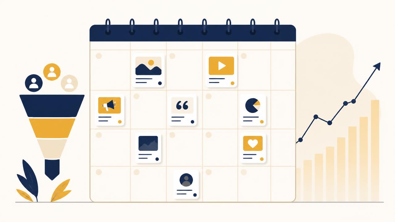 Calendário mensal com cards de conteúdo distribuídos, um funil ao lado e um gráfico de crescimento ao fundo