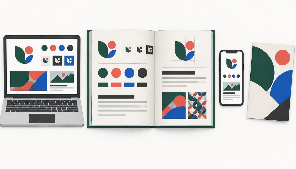 Manual de marca aberto com identidade visual consistente em computador, celular e material impresso