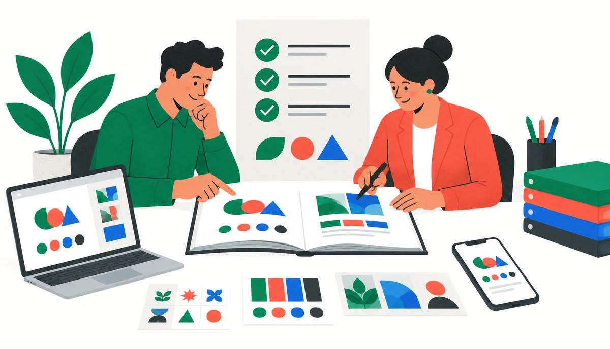 Equipe revisa um manual de marca com checklist e aplicações em computador e celular