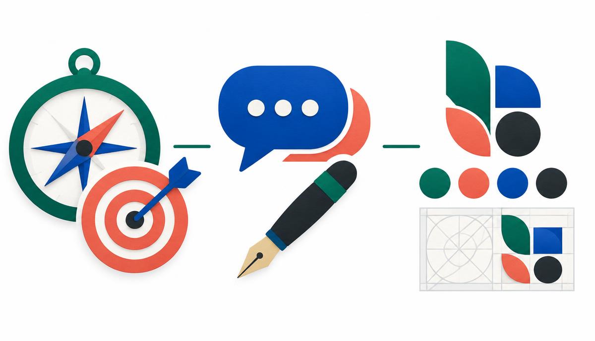 Bússola, conversa e elementos visuais representam estratégia, linguagem e identidade de uma marca