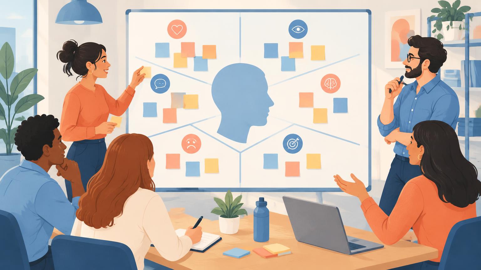 Equipe de marketing preenchendo um mapa de empatia com post-its em um quadro branco