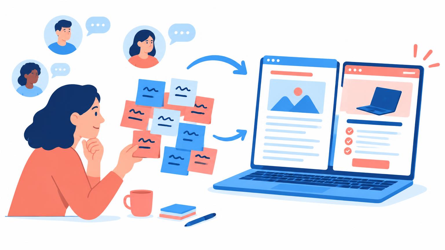 Pessoa transformando anotações de entrevistas com clientes em artigo de blog e página de vendas