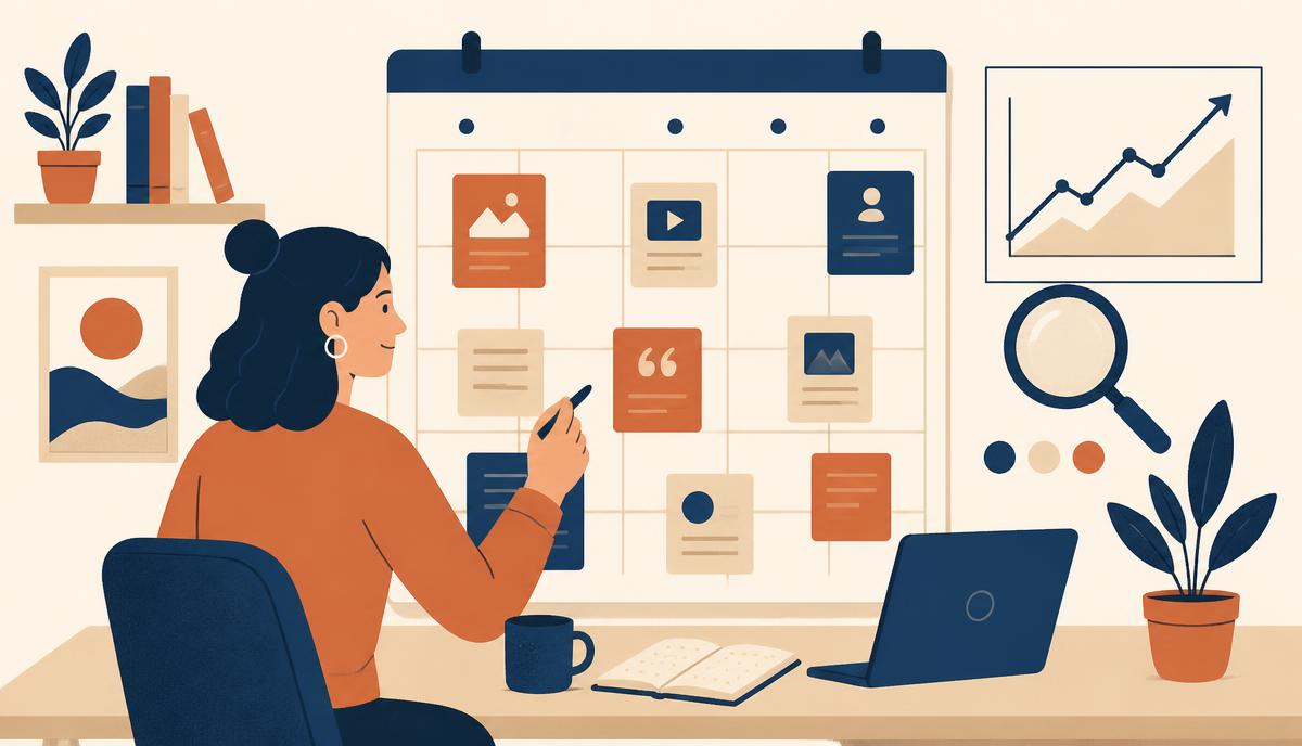 Ilustração de uma estrategista planejando um calendário editorial com cards de artigos e gráfico de crescimento