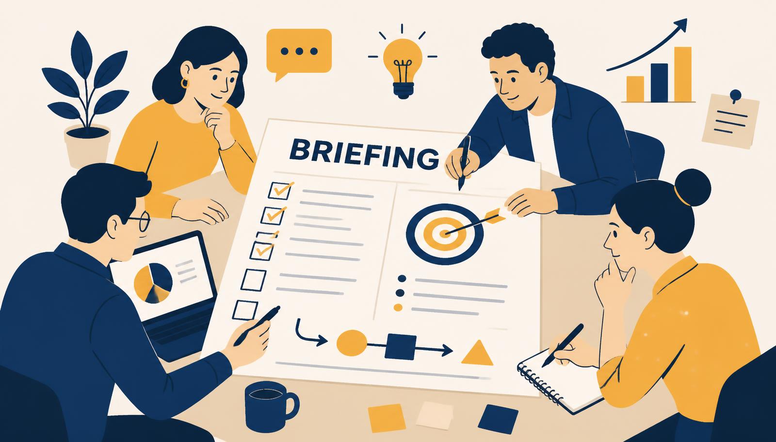 Equipe de marketing preenchendo um documento de briefing com objetivos, checklist e alvo