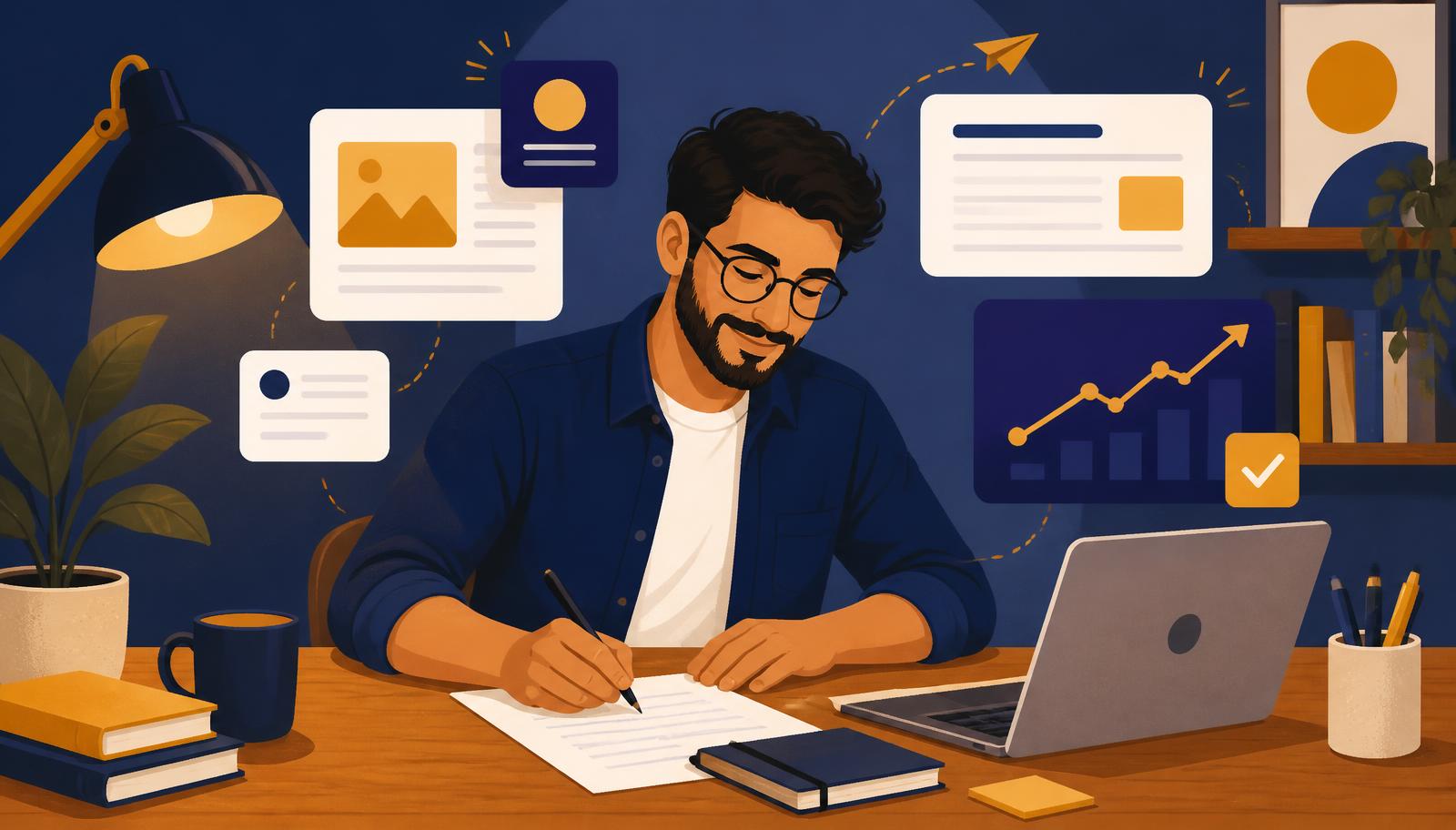 Copywriter escrevendo em uma mesa com laptop e gráficos de conversão ao redor
