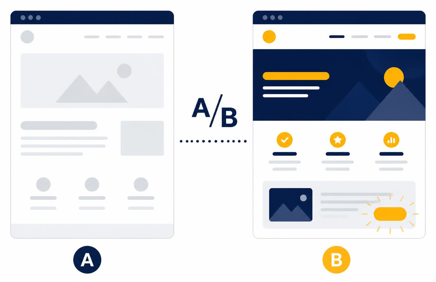 Comparação lado a lado de duas versões de uma página, ilustrando teste A/B de copy