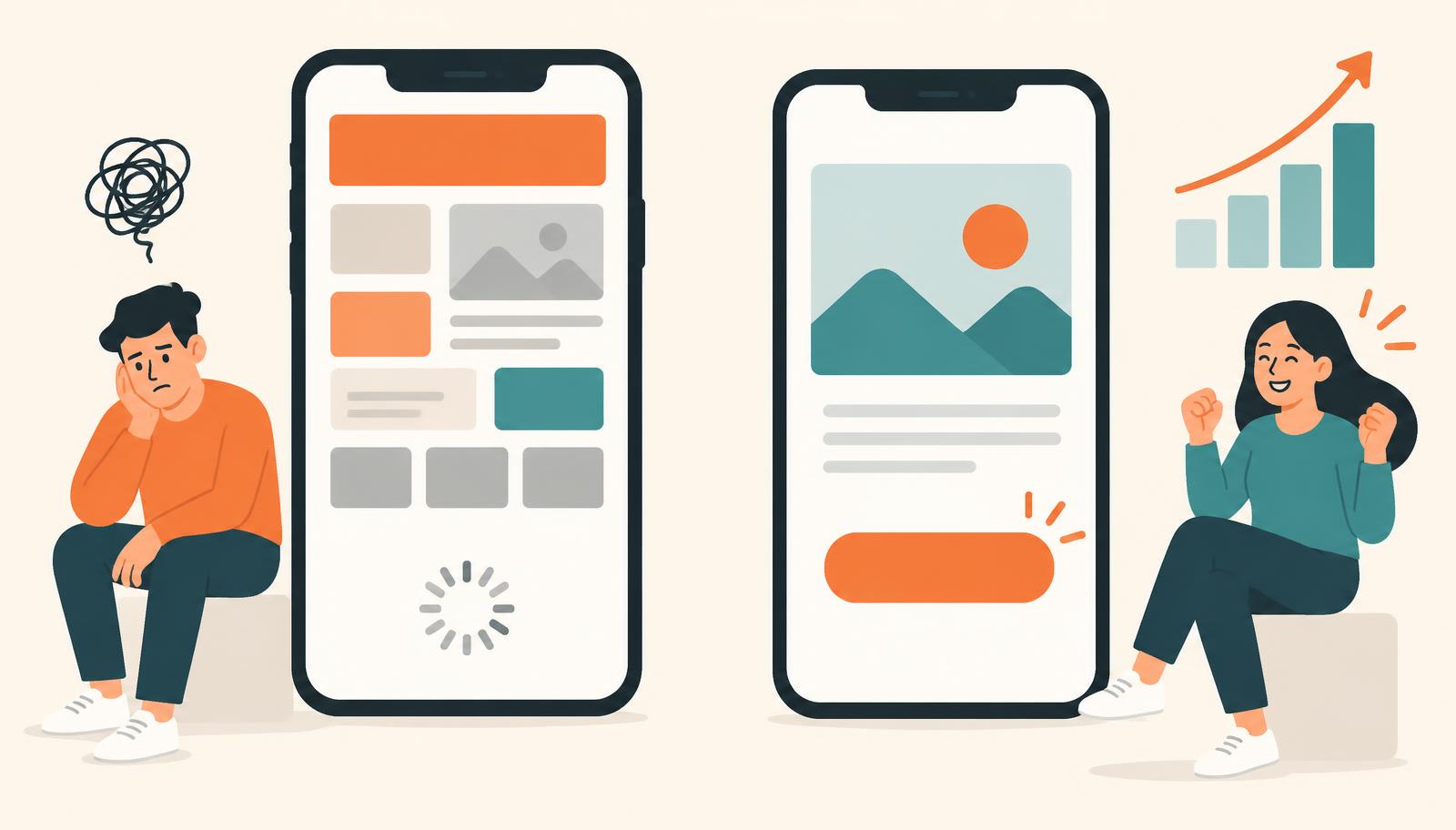 Comparação entre uma página de vendas confusa e lenta no celular e uma versão simples com um botão único e gráfico de crescimento