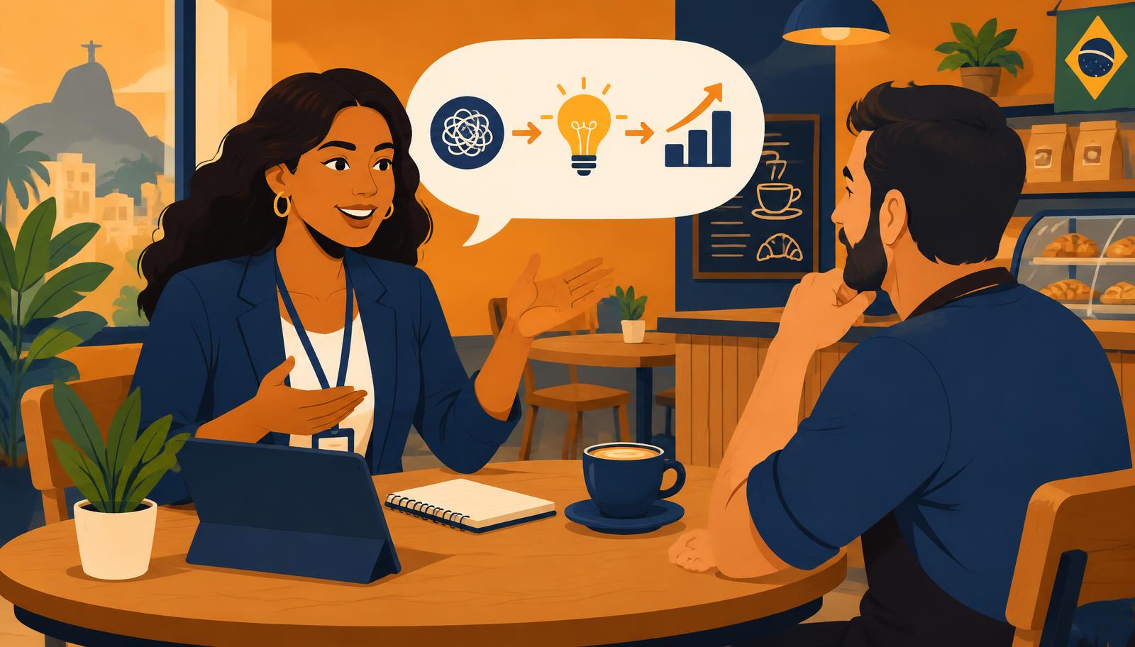 Vendedora apresentando um pitch de vendas a um cliente em um café