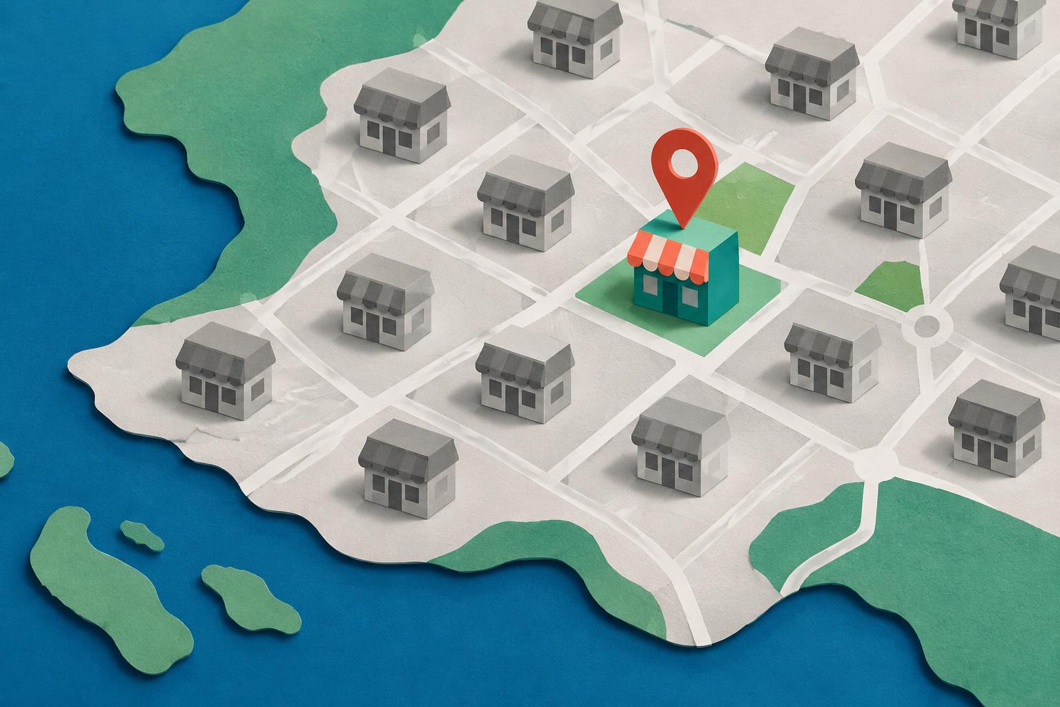 Ilustração de um mapa com várias lojas cinzentas iguais e uma única loja colorida marcada, representando uma marca que se destaca