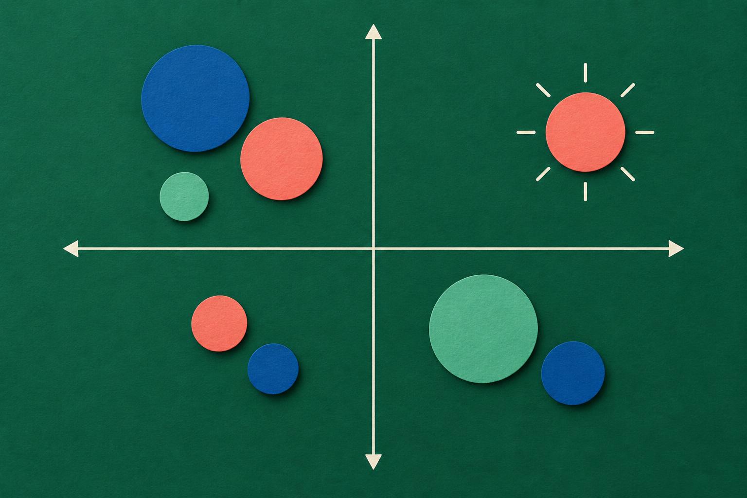 Mapa de percepção com dois eixos e círculos agrupados, com um círculo em destaque sozinho em um quadrante vazio