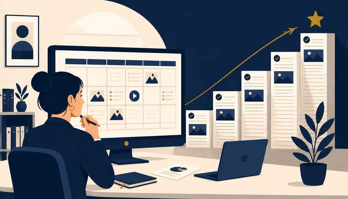 Profissional de marketing revisando um calendário editorial com artigos publicados formando uma curva de crescimento