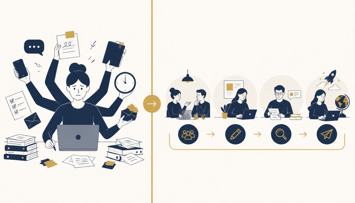 Comparação entre um profissional sobrecarregado fazendo tudo sozinho e um processo organizado com etapas de briefing, redação, revisão e publicação
