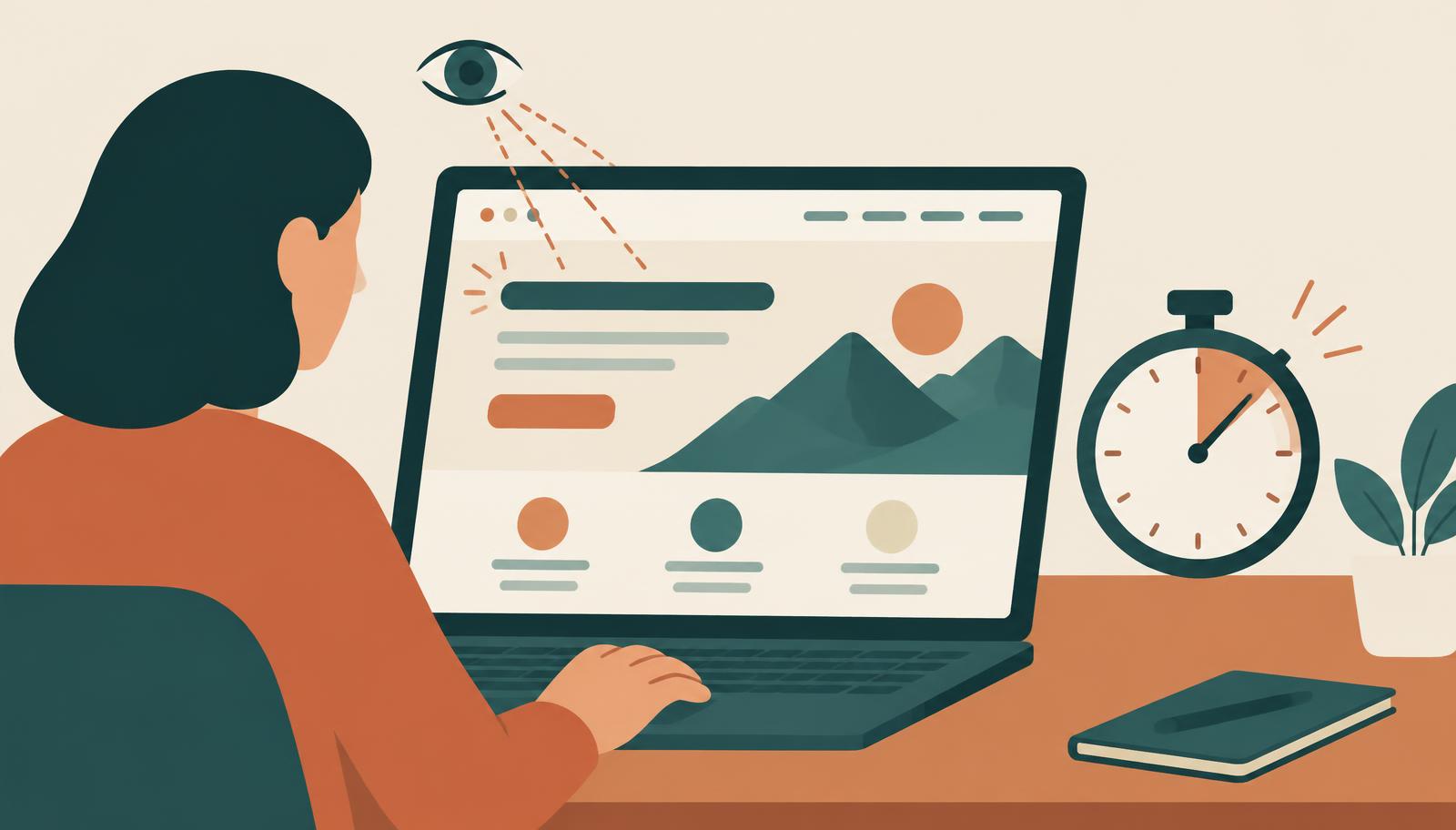 Pessoa olhando o topo de um site enquanto um cronômetro marca poucos segundos