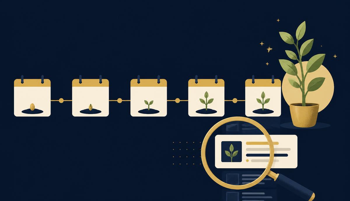 Linha do tempo com calendários e uma semente que se transforma em planta, ao lado de uma lupa sobre um resultado de busca