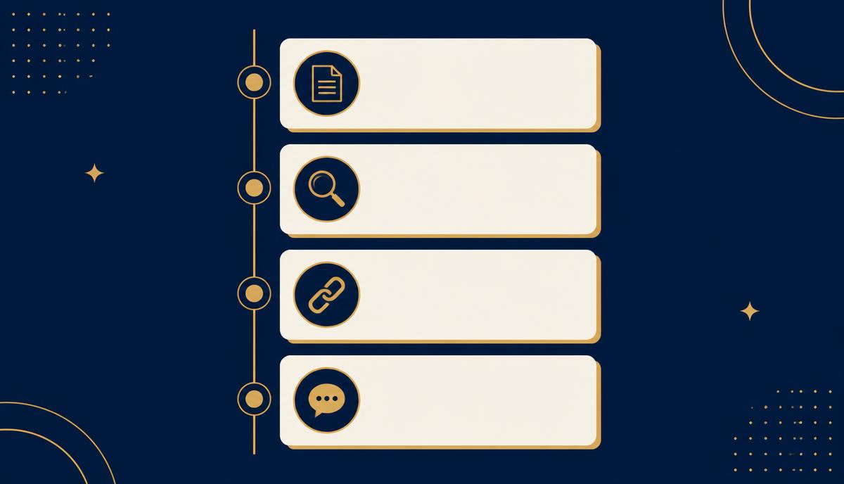 Quatro cartões conectados por uma linha vertical representando as etapas de um plano de conteúdo de doze meses
