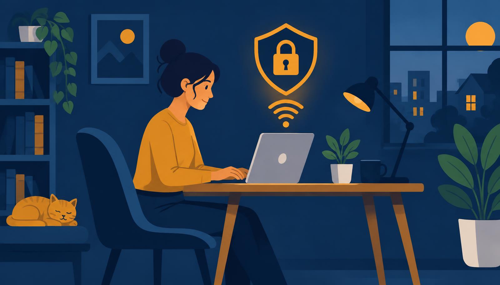 Pessoa trabalhando em notebook em casa com escudo e cadeado sobre a conexão Wi-Fi