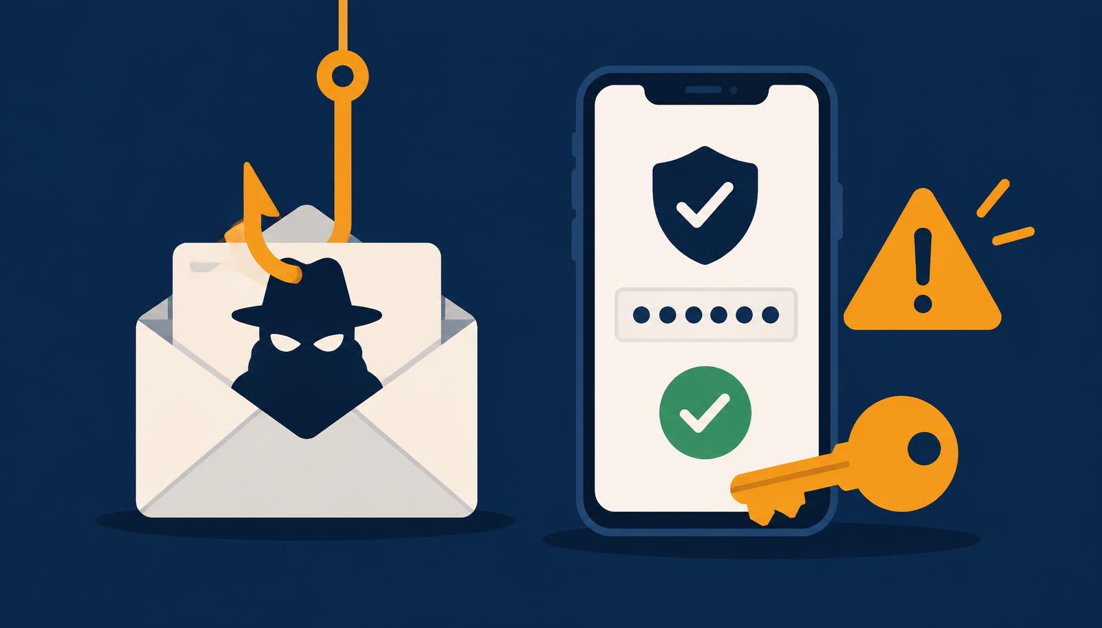 E-mail falso com anzol de phishing ao lado de celular pedindo aprovação de autenticação em duas etapas